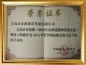 5青岛市东海路（2012年市政道路和背街小巷）整治工程被评为2014年度全国市政金杯奖示范工程（证书）